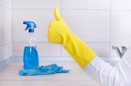 Carpet cleaning team preparing a safe work area